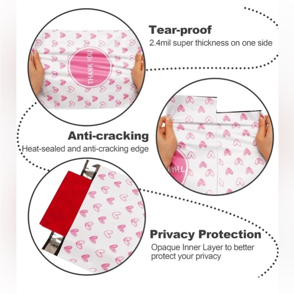 20 (10”x13”) Pink Hearts with “Thank You” Message Poly Mailers Poly Bags - Picture 3 of 4